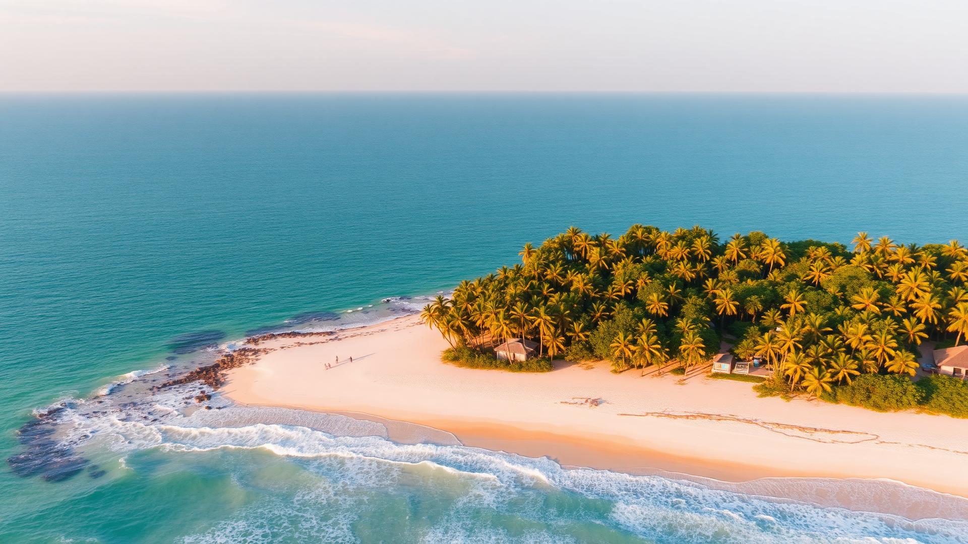 Aerial view of a palm-fringed beach on the Cameroon coast at golden hour